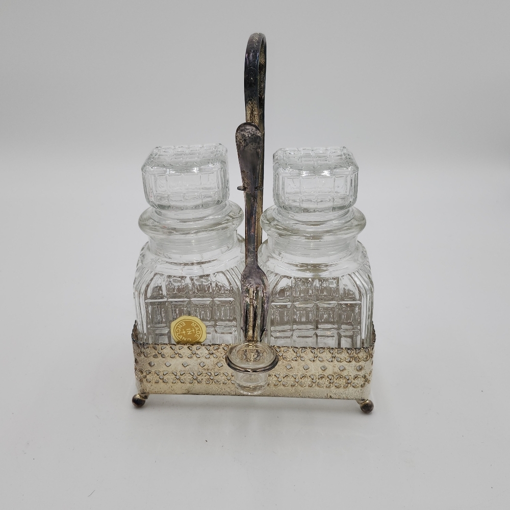 ANTIQUE Eales of Sheffield Silver Plate Glass Castor Condiment Set & Caddy